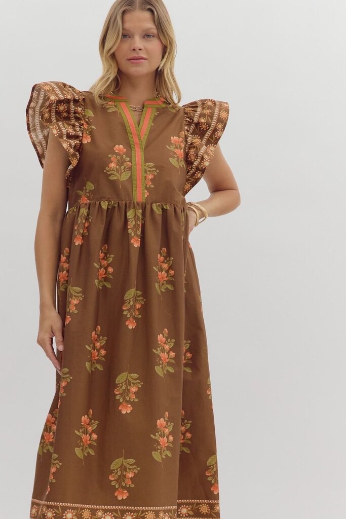 JENNIFER BROWN & ORANGE FLORLA MIDI DRESS