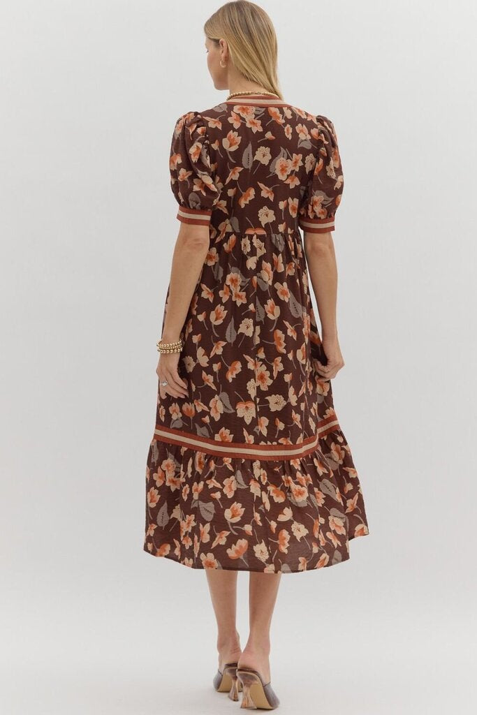WINNIE BROWN FLORAL MIDI DRESS WITH CUFFS