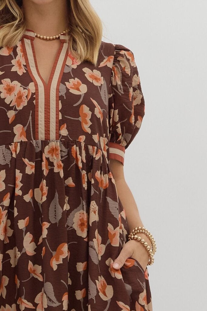 WINNIE BROWN FLORAL MIDI DRESS WITH CUFFS