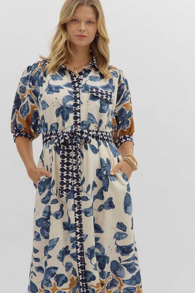 BRINLEY BOTANICAL PRINT BELTED DRESS