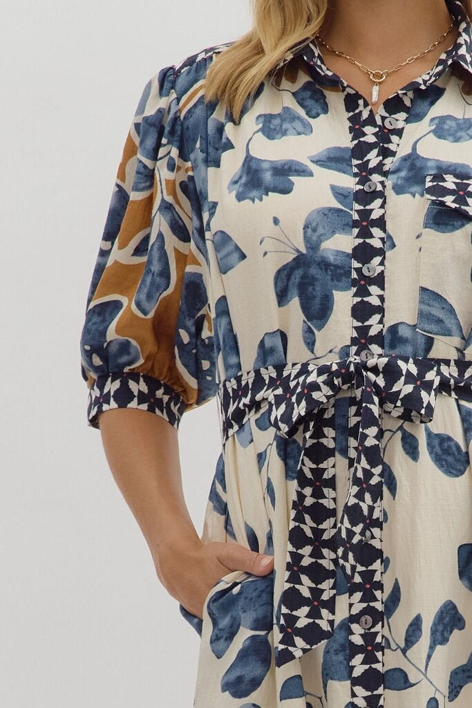 BRINLEY BOTANICAL PRINT BELTED DRESS