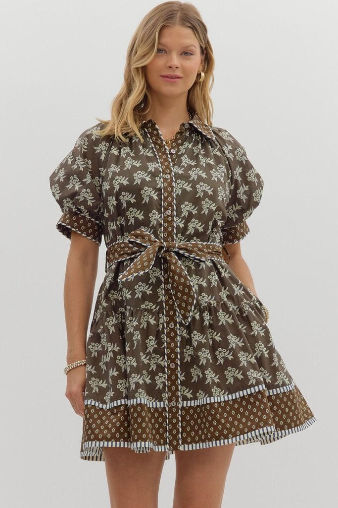 MAREN BROWN BLOCK PRINT BELTED DRESS