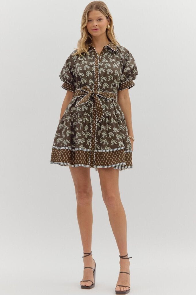MAREN BROWN BLOCK PRINT BELTED DRESS