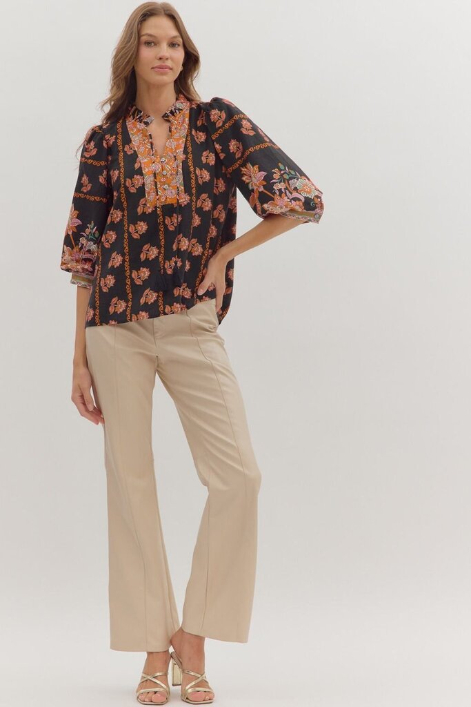 SAMANTHA BLACK BOTANICAL PRINT TOP