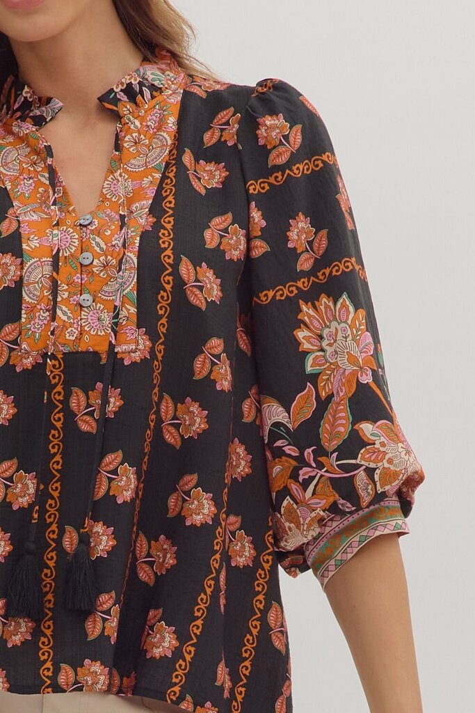 SAMANTHA BLACK BOTANICAL PRINT TOP