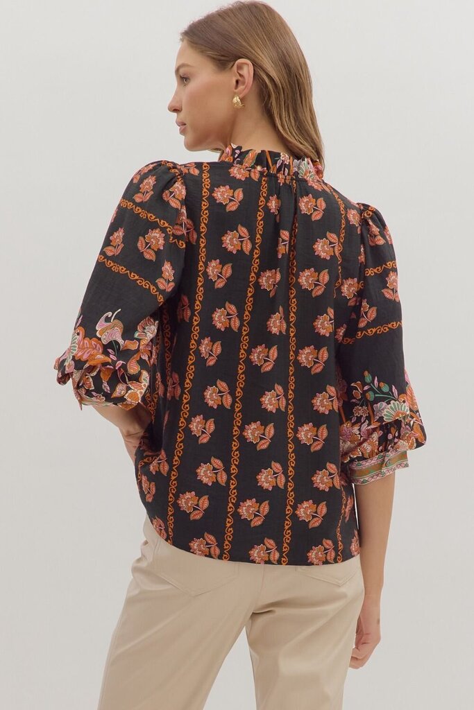 SAMANTHA BLACK BOTANICAL PRINT TOP