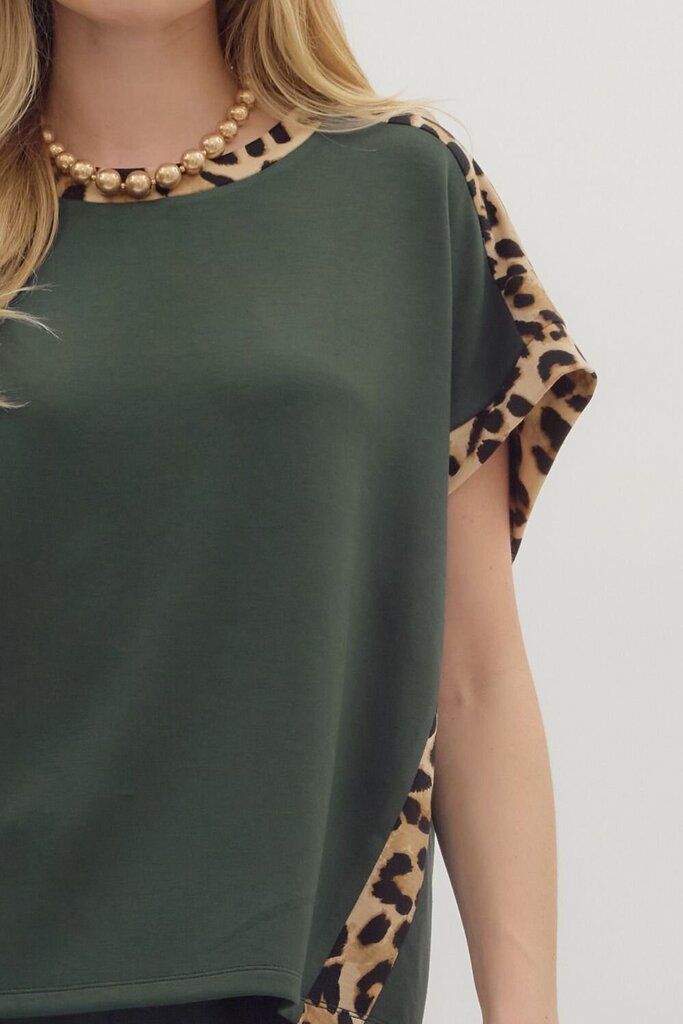 JULIET DARK GREEN LEOPARD TRIM TOP