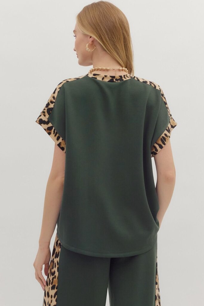 JULIET DARK GREEN LEOPARD TRIM TOP