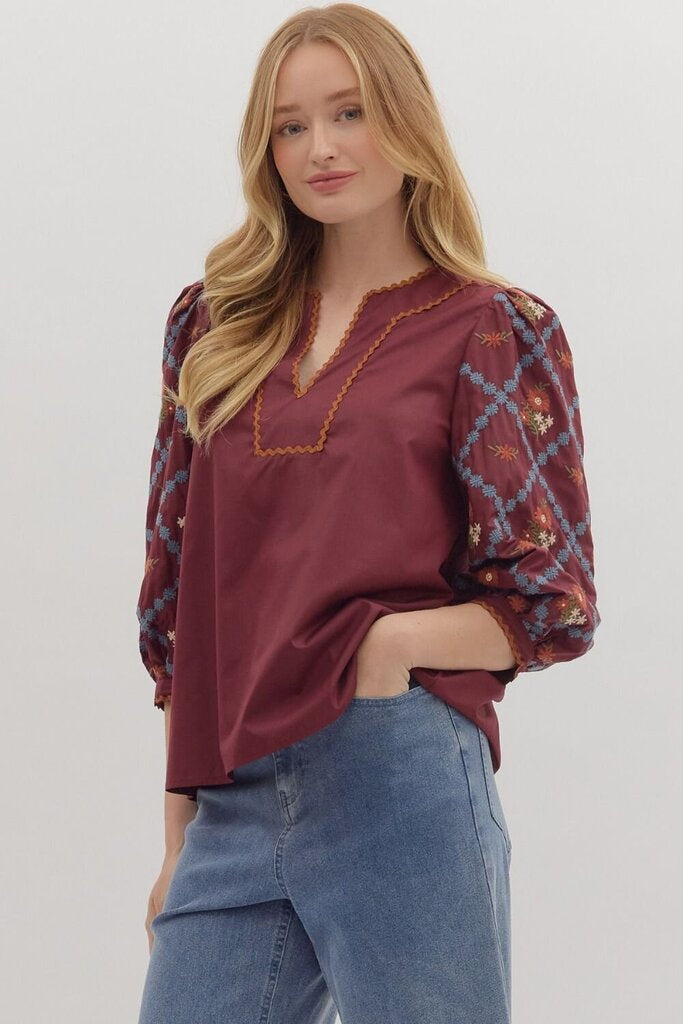 SLOANE BURGUNDY EMBROIDERED SCALLOP TRIM TOP