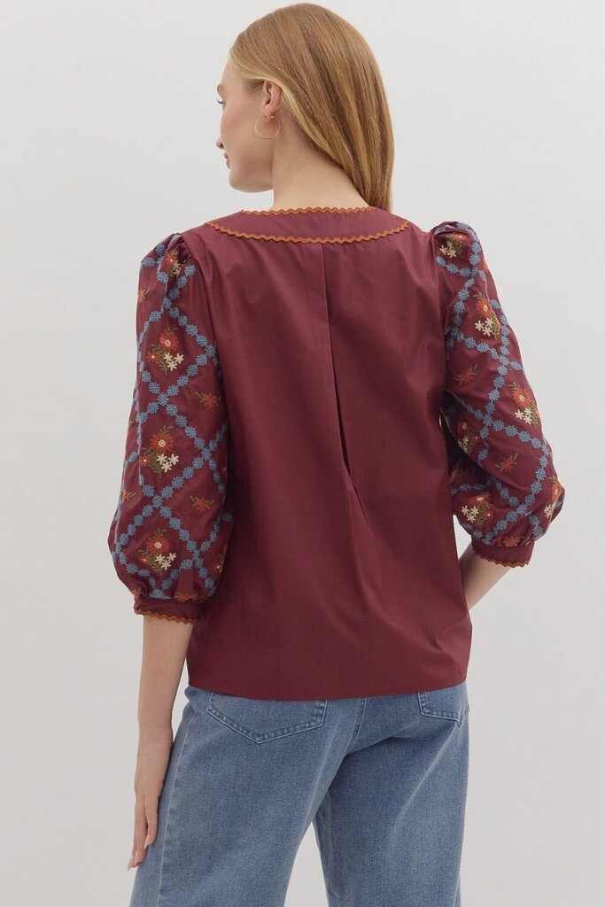 SLOANE BURGUNDY EMBROIDERED SCALLOP TRIM TOP