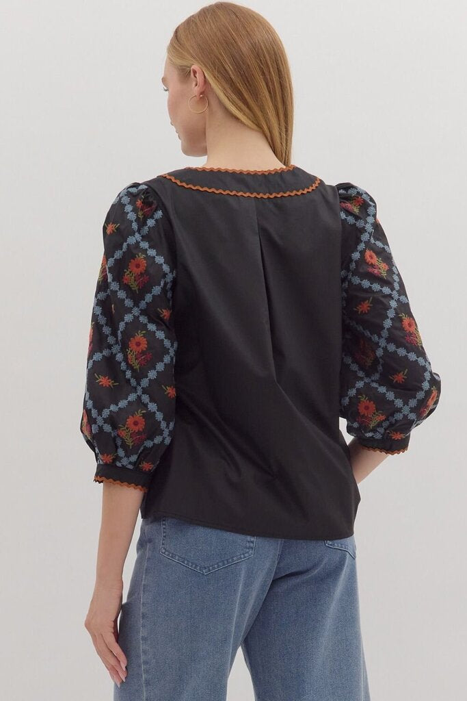 SLOANE BLACK EMBROIDERED SCALLOP TRIM TOP