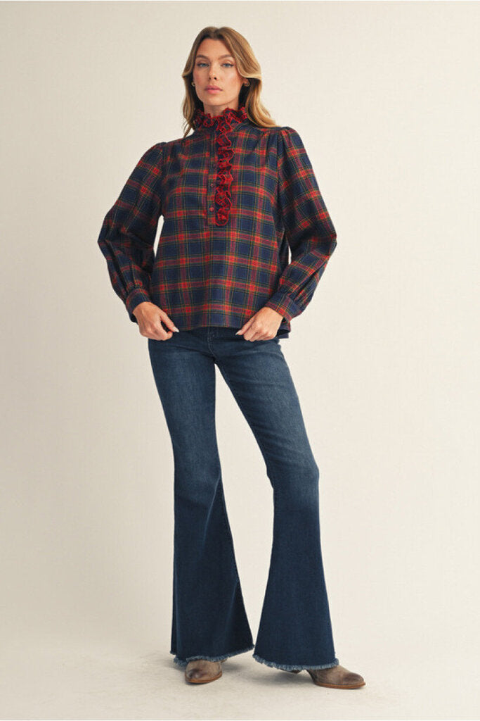 RAEGAN NAVY PLAID RUFFLE TOP