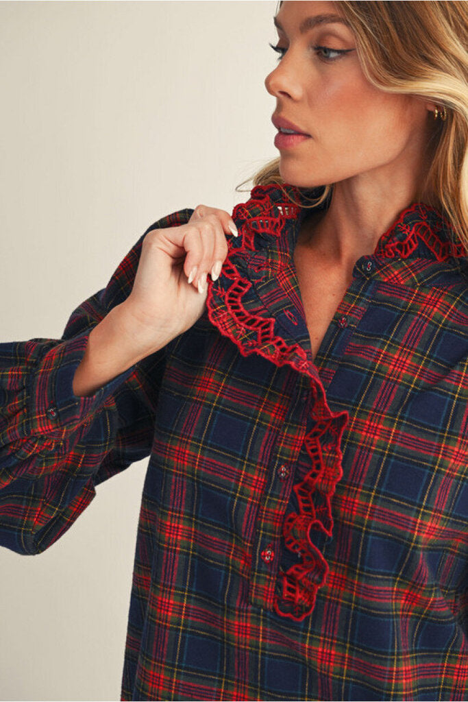 RAEGAN NAVY PLAID RUFFLE TOP