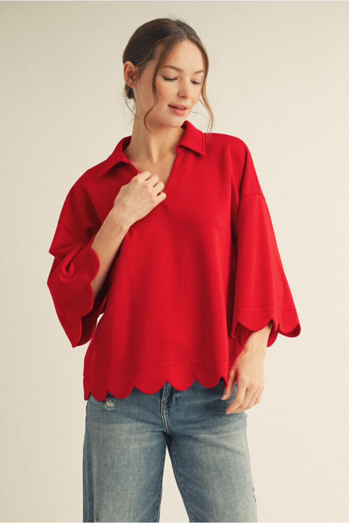KAYLEE RED SCALLOPED EDGE PULLOVER