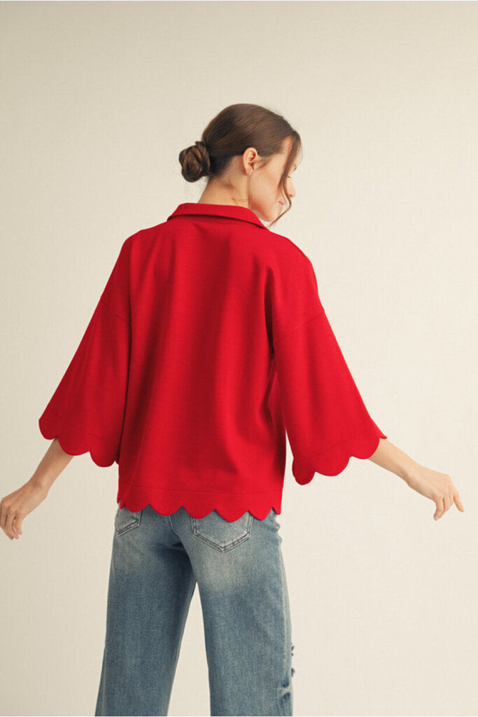 KAYLEE RED SCALLOPED EDGE PULLOVER