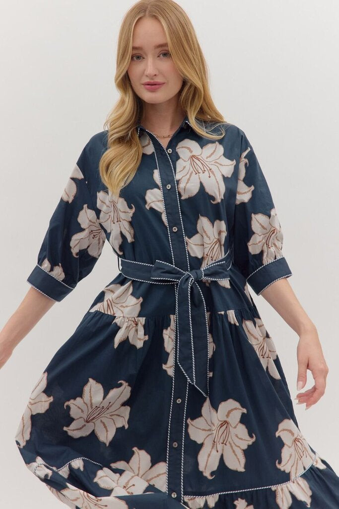 JASMINE NAVY FLORAL BELTED MIDI DRESS