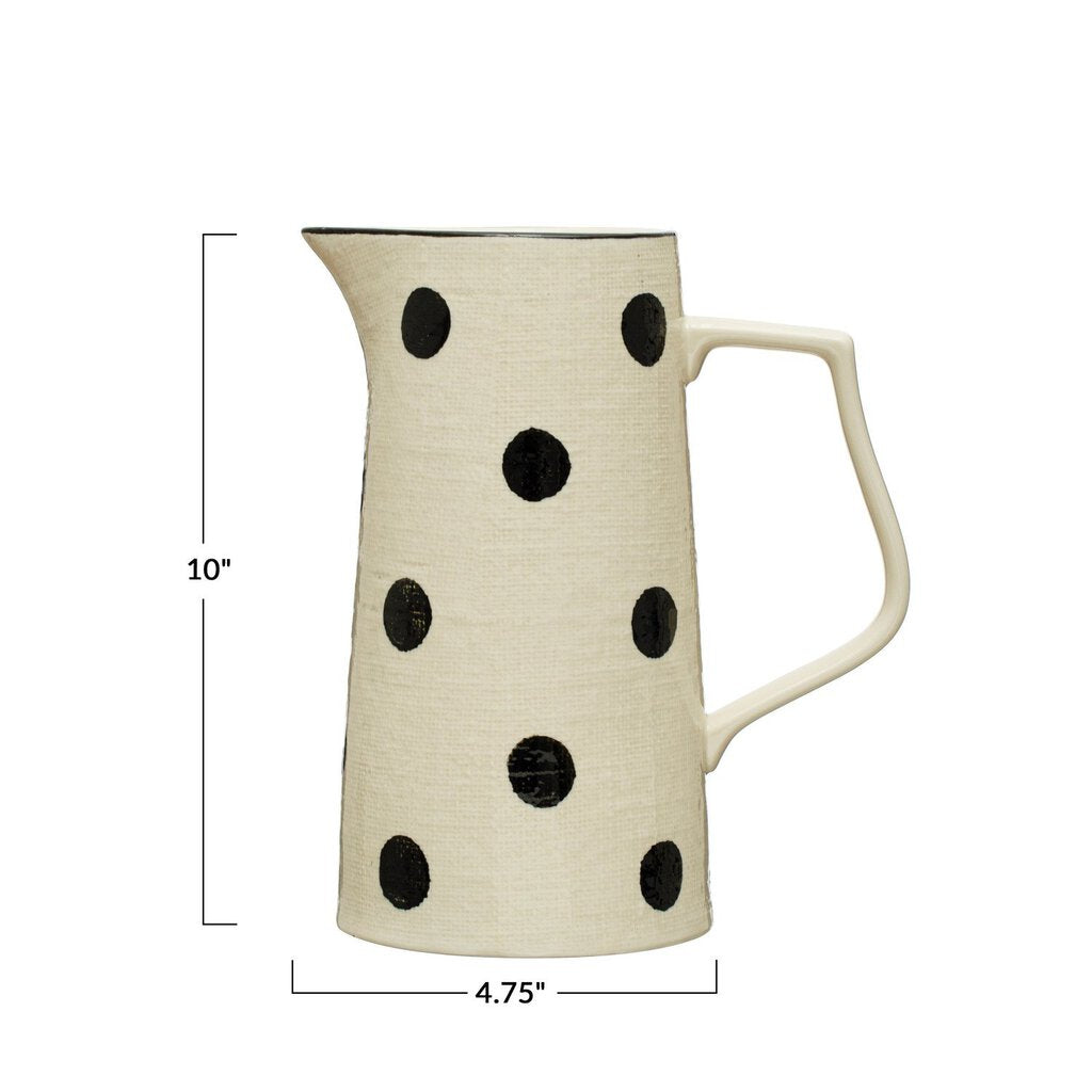 HAND PAINTED STONEWARE PITCHER WITH DOTS - 2.5 QT