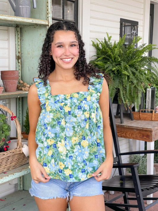 FLORAL BLUE & GREEN TOP