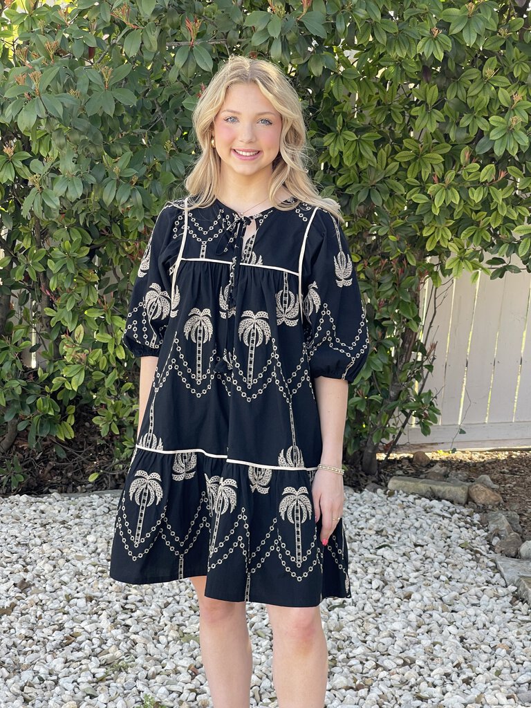 VALERIE BLACK EMROIDERED PALM TREE DRESS
