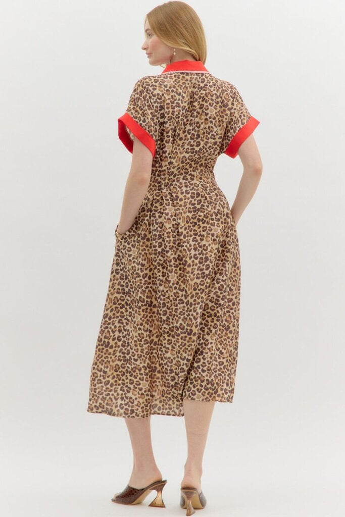 JULIET LEOPARD & RED TRIM MIDI DRESS