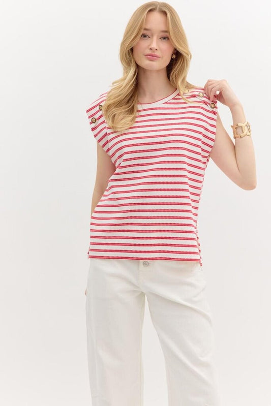 RAEGAN RED STRIPED TOP WITH GOLD BUTTONS