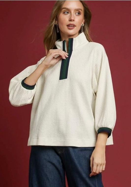 MATILDA ECRU WAFFLE KNIT PULLOVER WITH STRIPED BAND