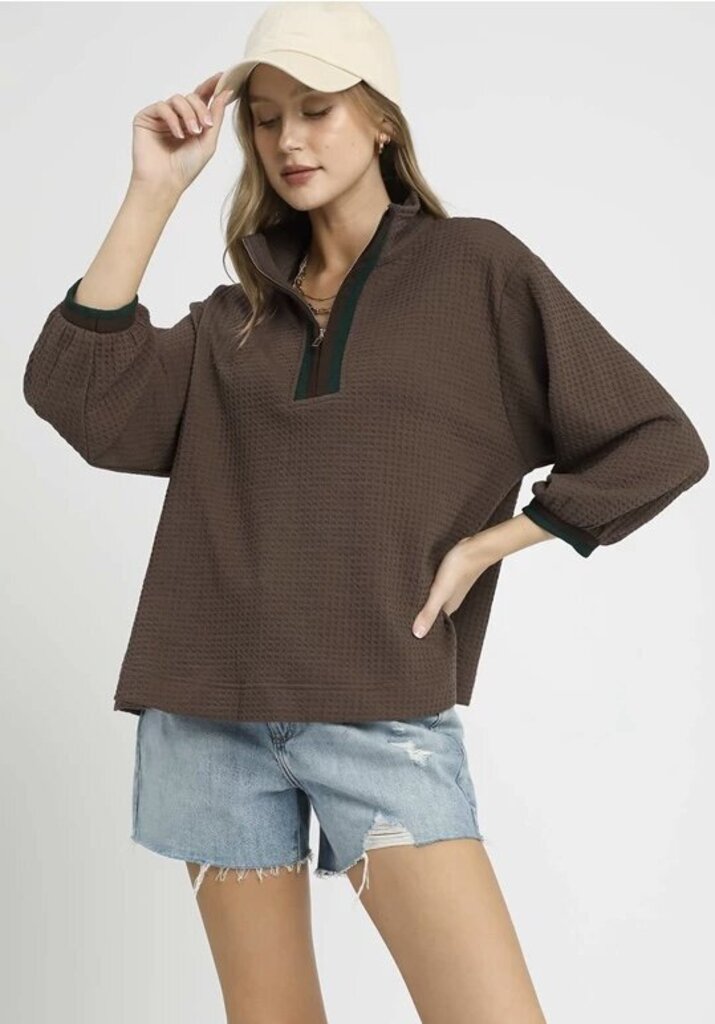 MATILDA COFFEE WAFFLE KNIT PULLOVER WITH STRIPED BAND