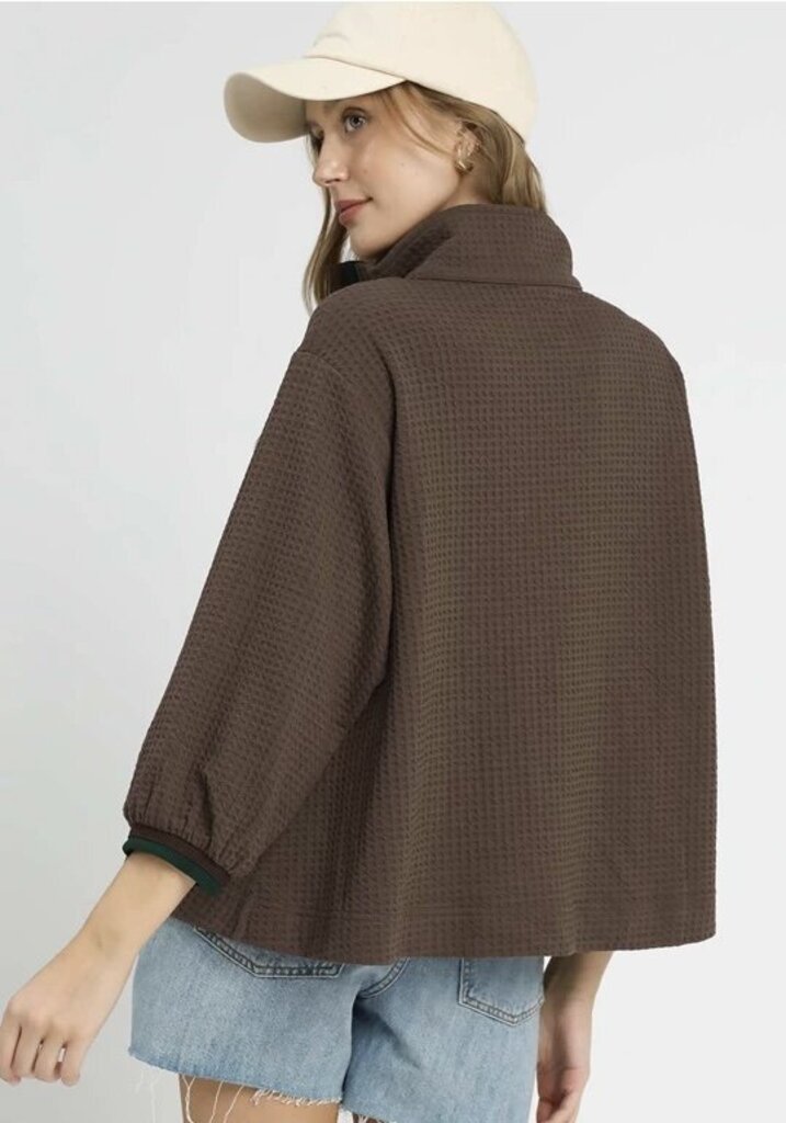 MATILDA COFFEE WAFFLE KNIT PULLOVER WITH STRIPED BAND