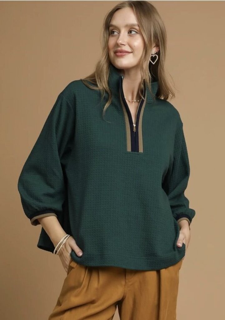 MATILDA GREEN WAFFLE KNIT PULLOVER WITH STRIPED BAND