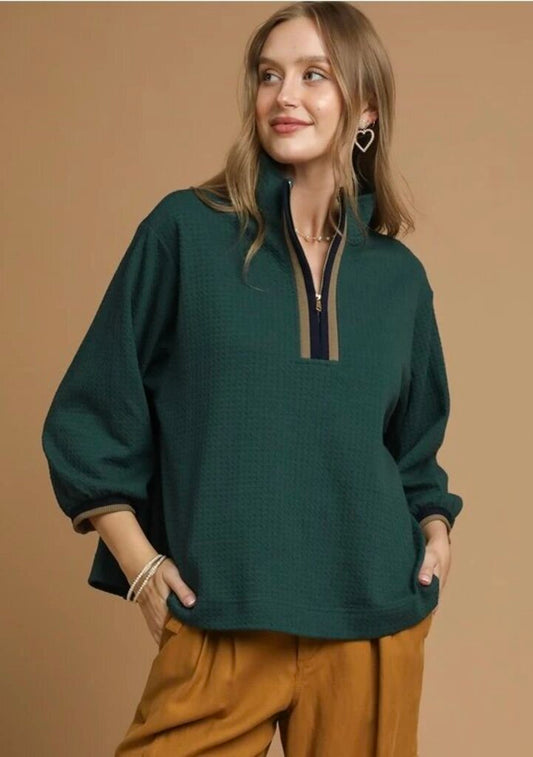 MATILDA GREEN WAFFLE KNIT PULLOVER WITH STRIPED BAND