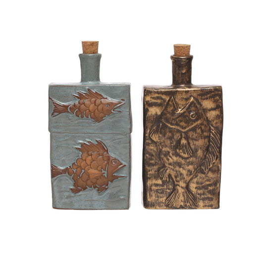 EMBOSSED STONEWARE BOTTLE WITH CORK STOPPER