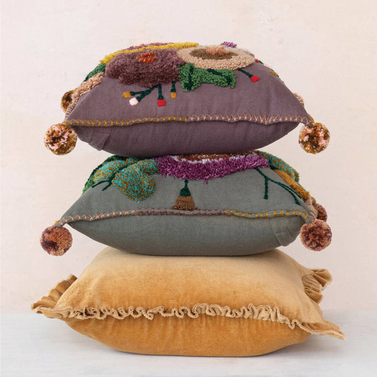 20" SQUARE MUSTARD VELVET PILLOW WITH RUFFLED TRIM