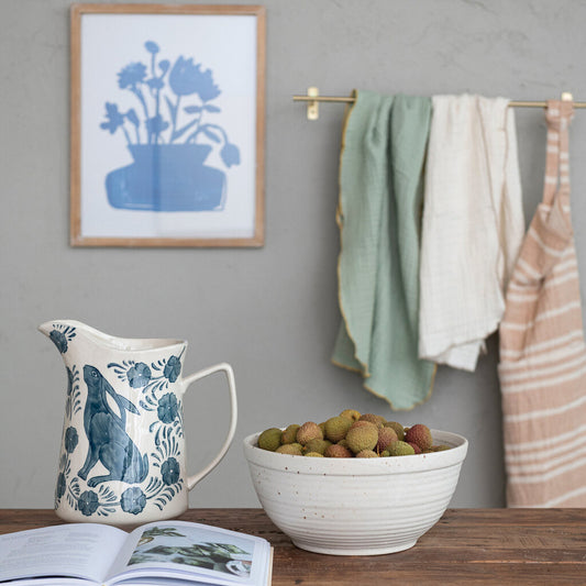 RABBIT FLORAL STONEWARE PITCHER