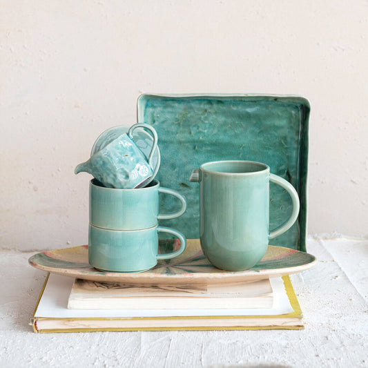 BLUE PITCHER WITH 2 MUGS & LID