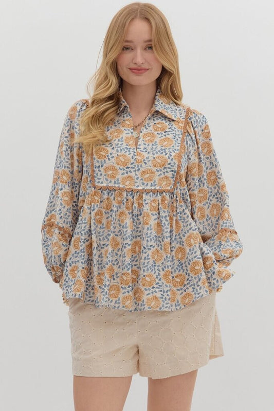 LEONA CAMEL & BLUE FLORAL PRINT TOP