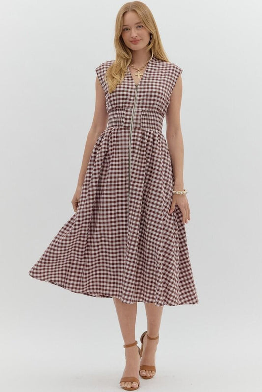 ESTELLA CHOCOLATE GINGHAM MIDIDRESS