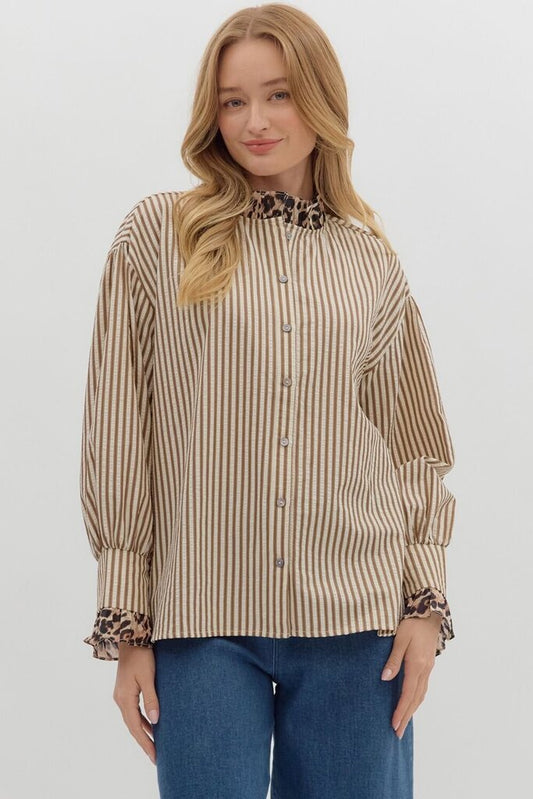 FERNANDA BROWN STRIPED TOP WITH LEOPARD TRIM