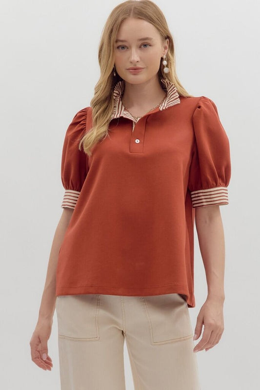 EMMY RUST POLO TOP WITH STRIPED TRIM