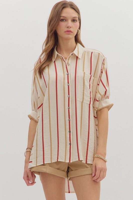 VIRGINIA RED & KHAKI STRIPED TOP
