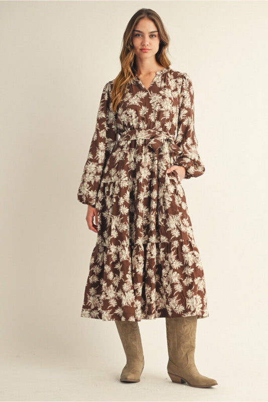 BEX BROWN FLORAL PRINT MIDI DRESS WITH BELT