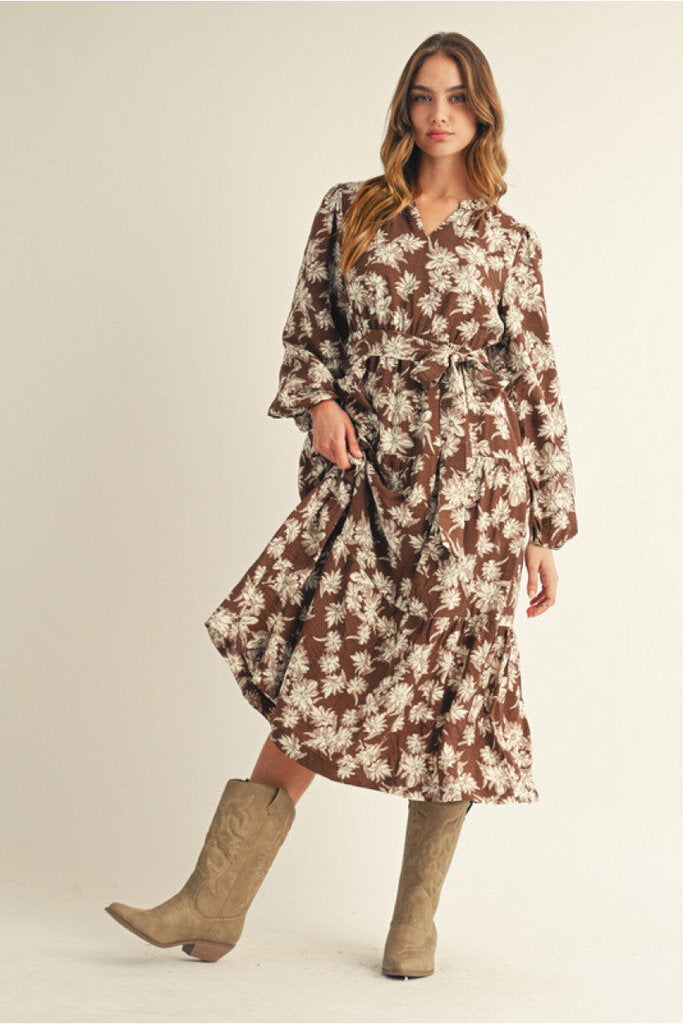 BEX BROWN FLORAL PRINT MIDI DRESS WITH BELT