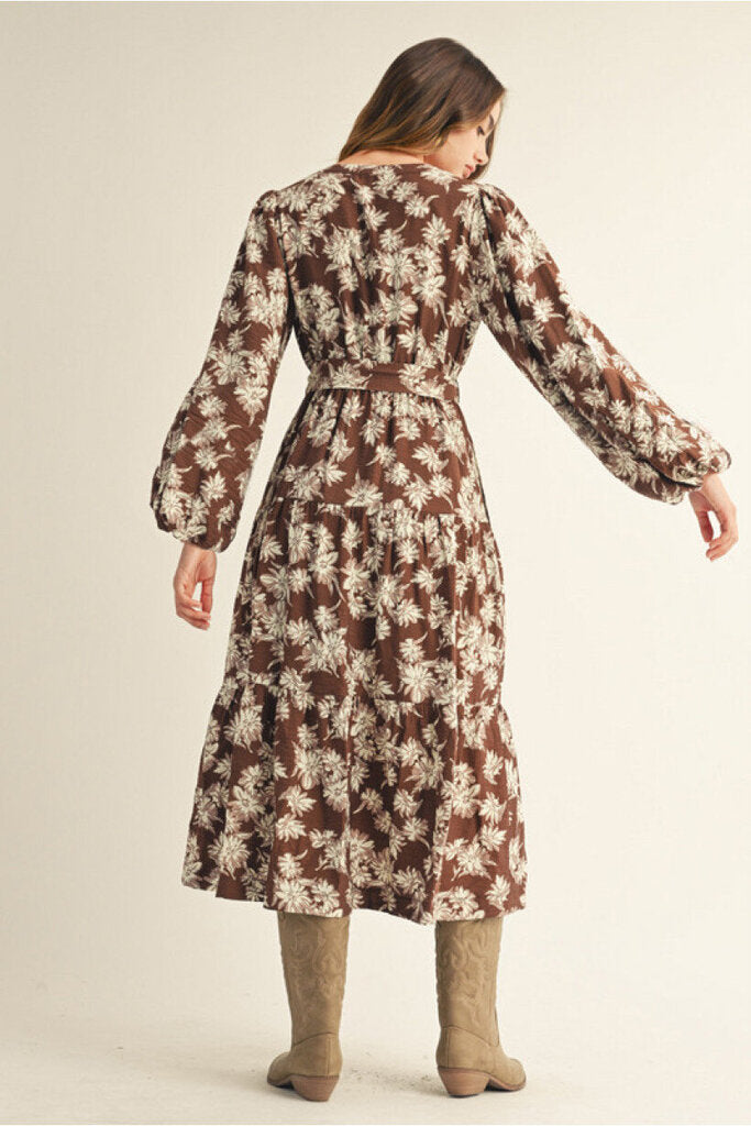 BEX BROWN FLORAL PRINT MIDI DRESS WITH BELT