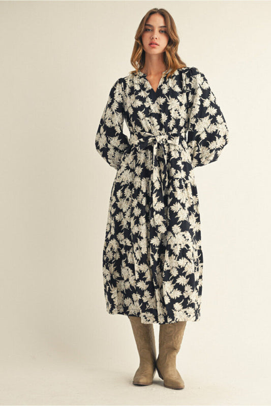 BEX BLACK FLORAL PRINT MIDI DRESS WITH BELT