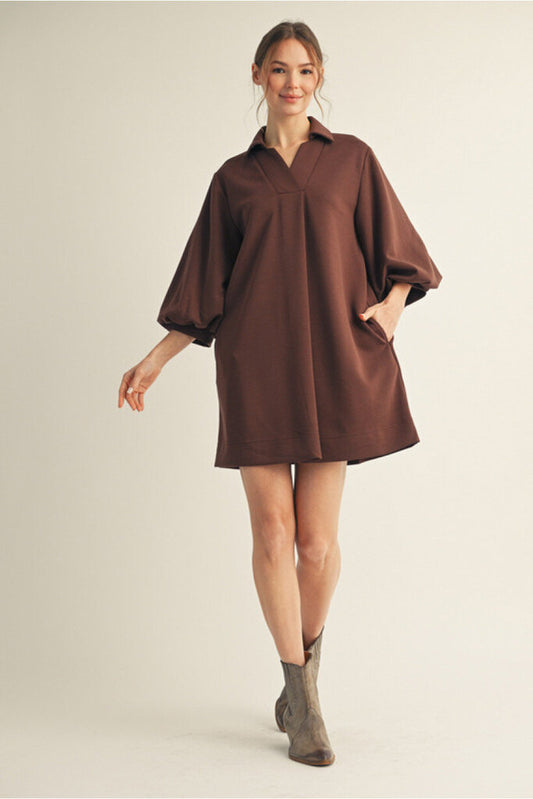 WANDA SOFT BROWN PUFF SLEEVE DRESS