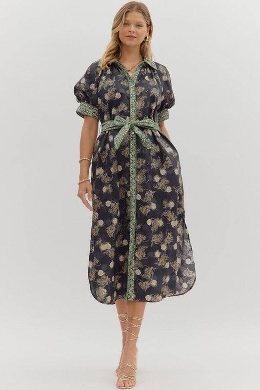 REMINGTON OLIVE & BLUE PRINT BELTED DRESS