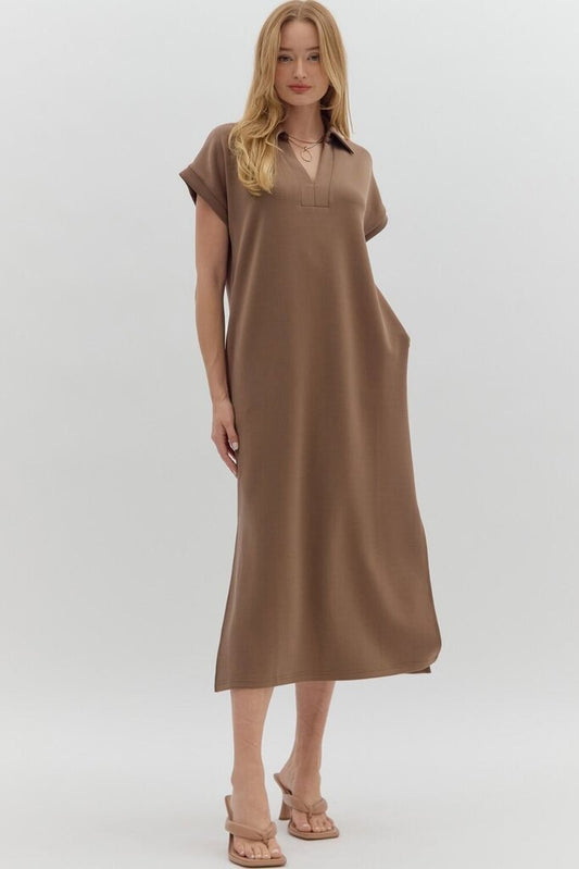 ELIANA COFFEE PULLOVER MIDI SHIRT DRESS