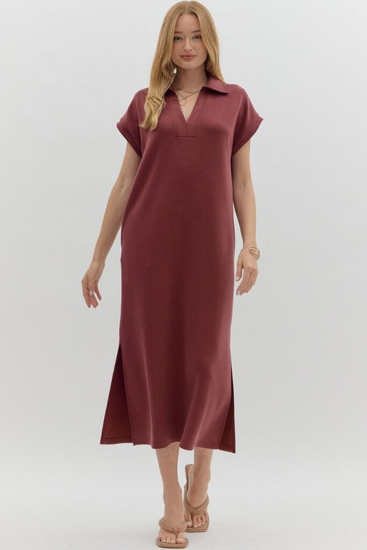 ELIANA BURGUNDY PULLOVER MIDI SHIRT DRESS