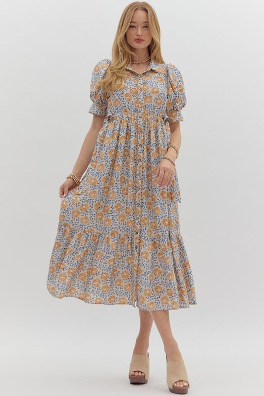LEONA CAMEL FLORAL SCALLOP TRIM MIDI DRESS