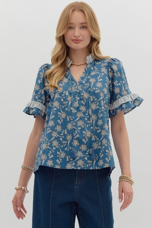 ASTRID BLUE FLORAL PUFF SLEEVE TOP