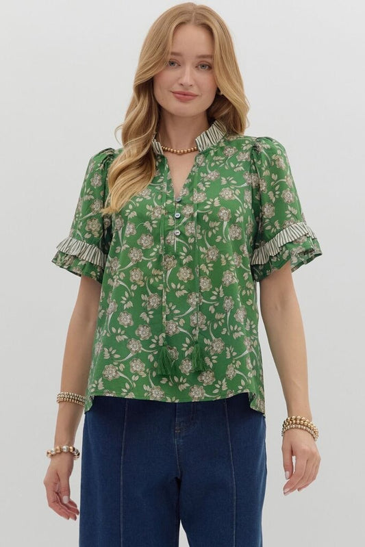 ASTRID GREEN FLORAL PUFF SLEEVE TOP